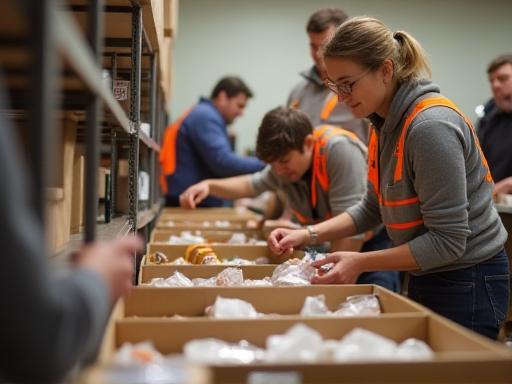 PCCU volunteers sorting donations at a local food bank, surrounded by boxes of non-perishable goods.
