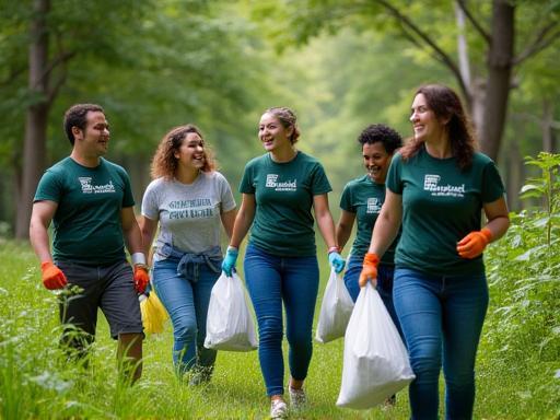PCCU employees participating in a local park cleanup event, smiling and working together.