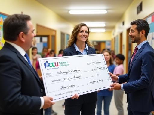 PCCU representatives presenting a large check to a local school principal, students in the background.