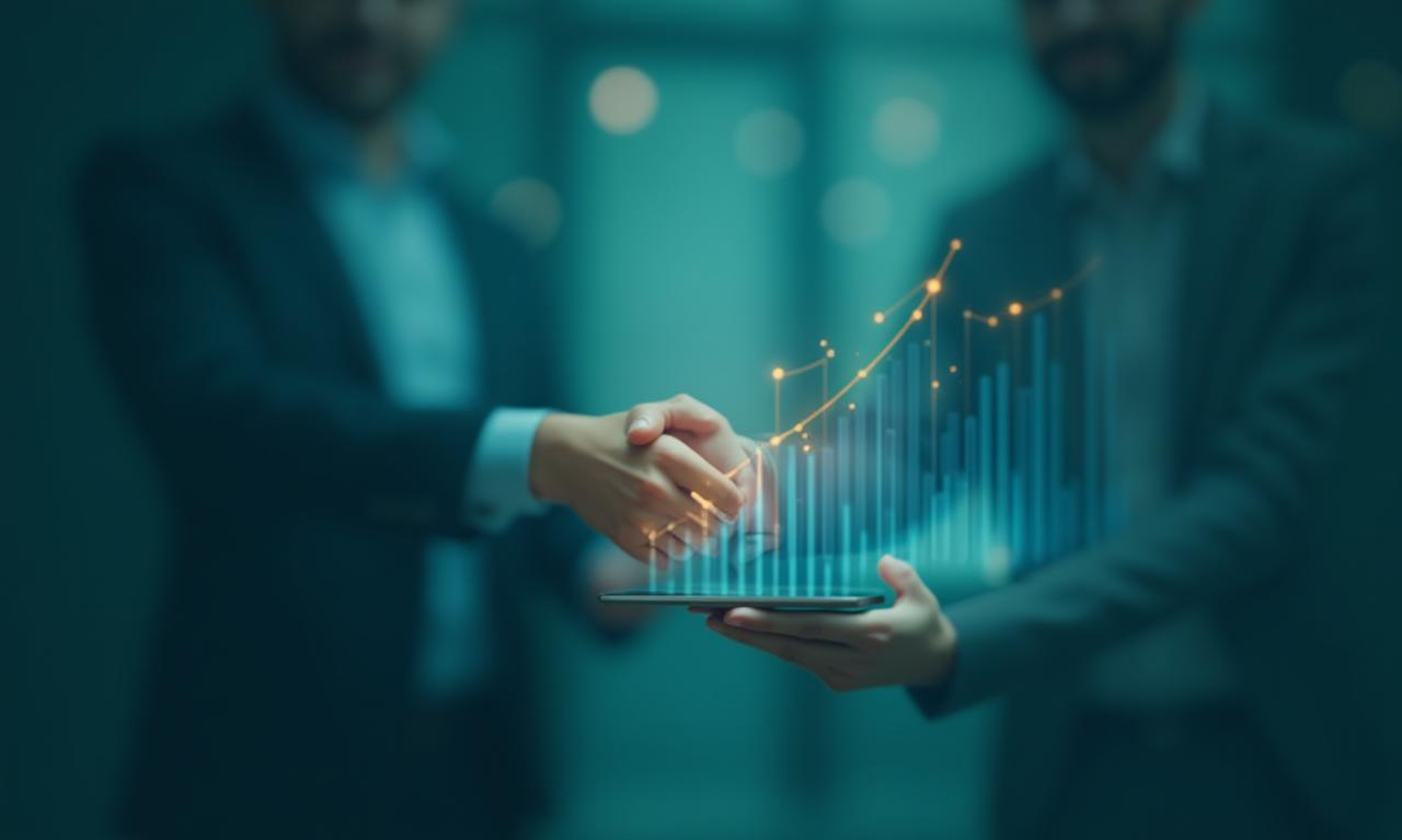Financial graphs and a handshake over a tablet symbolizing investment growth and partnership