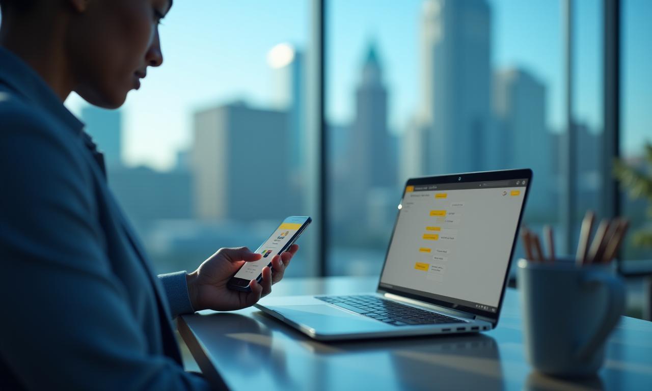 Person using mobile banking app on a smartphone, with a laptop showing online banking, against a backdrop of a city skyline