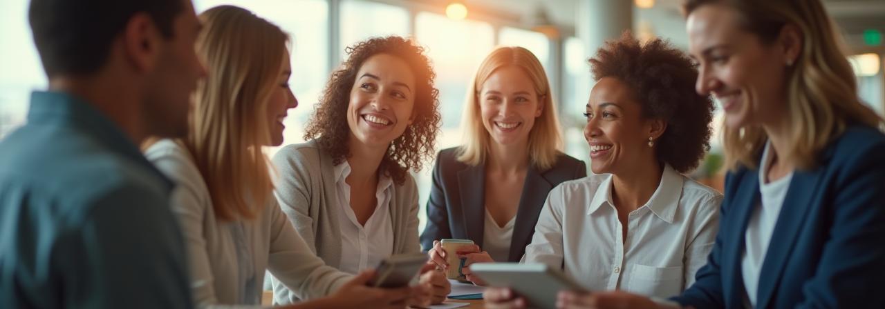 Diverse group of people smiling and interacting, symbolizing community and financial well-being.